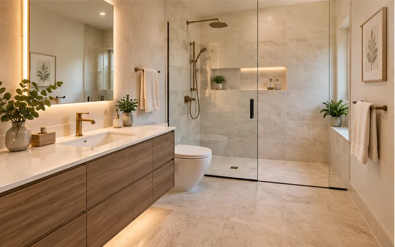 Illustrative spa bathroom with a glass shower, vanity and warm stone finishes