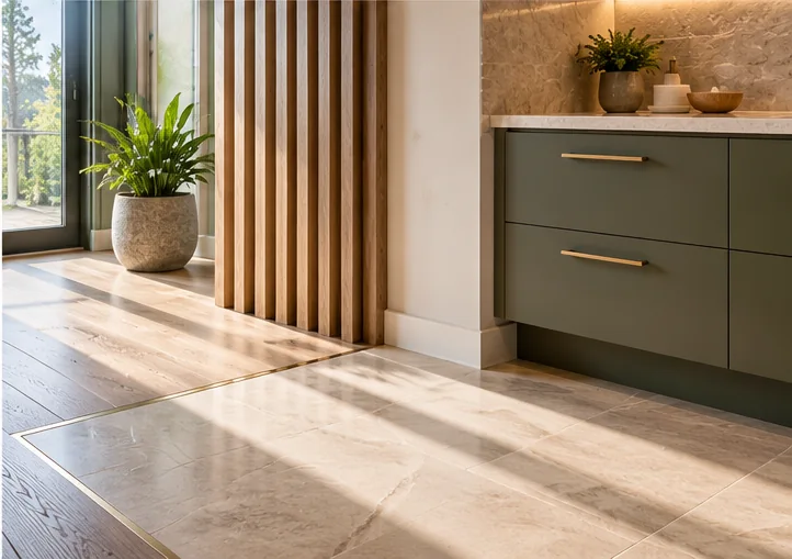 Illustrative warm wood flooring and tile transition in a contemporary home